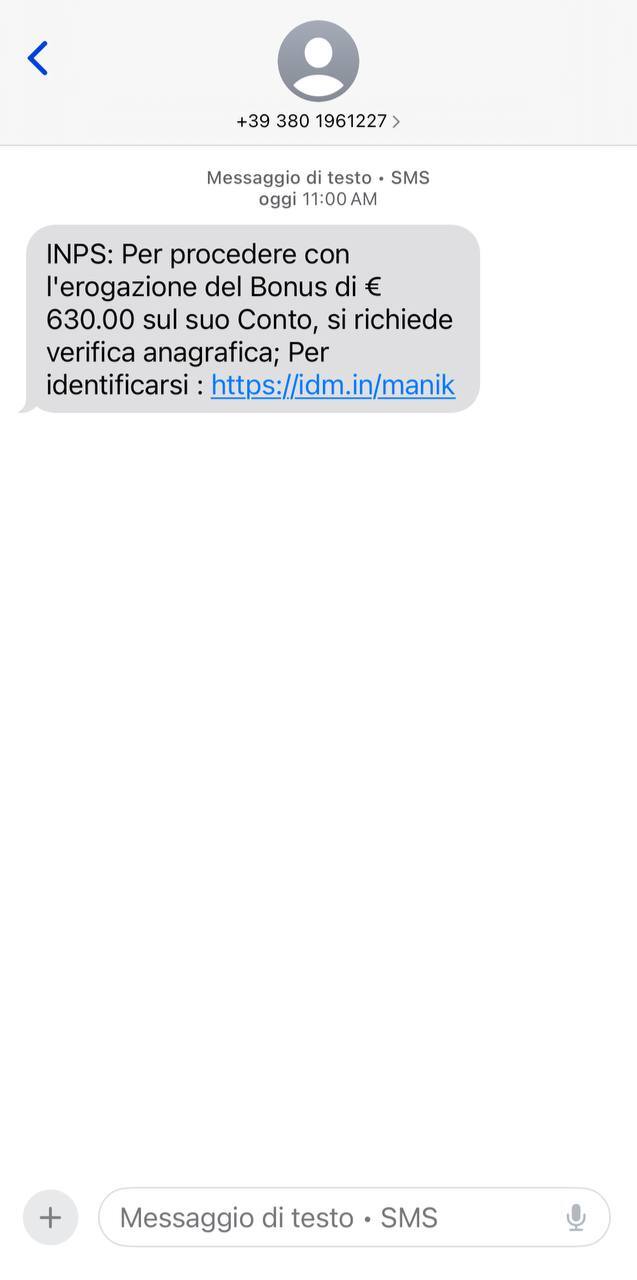 Falso sms INPS: la promessa di 700 euro cliccando su un link