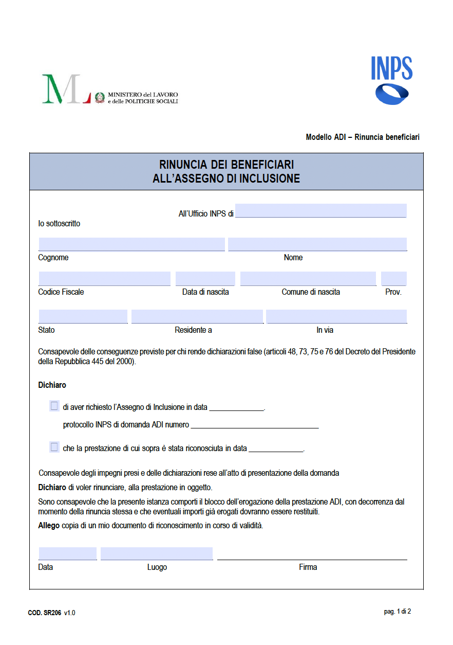 Rinuncia Assegno di Inclusione (ADI) nel 2026: guida completa al modulo SR206 e agli effetti sul sussidio