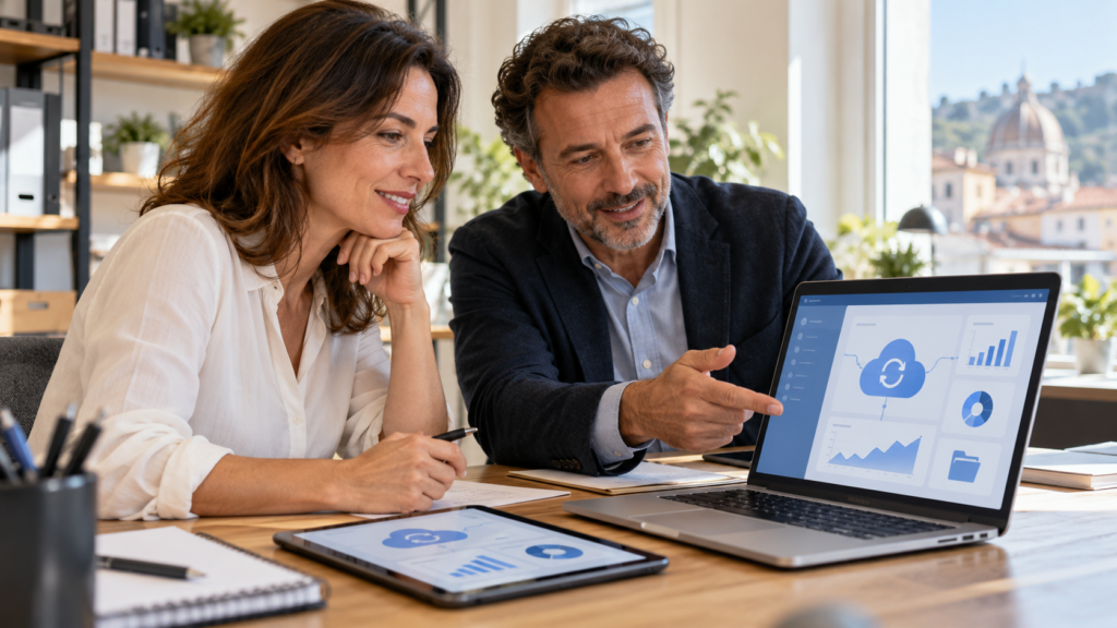 Due professionisti utilizzano un computer e un tablet con strumenti cloud per la digitalizzazione aziendale.